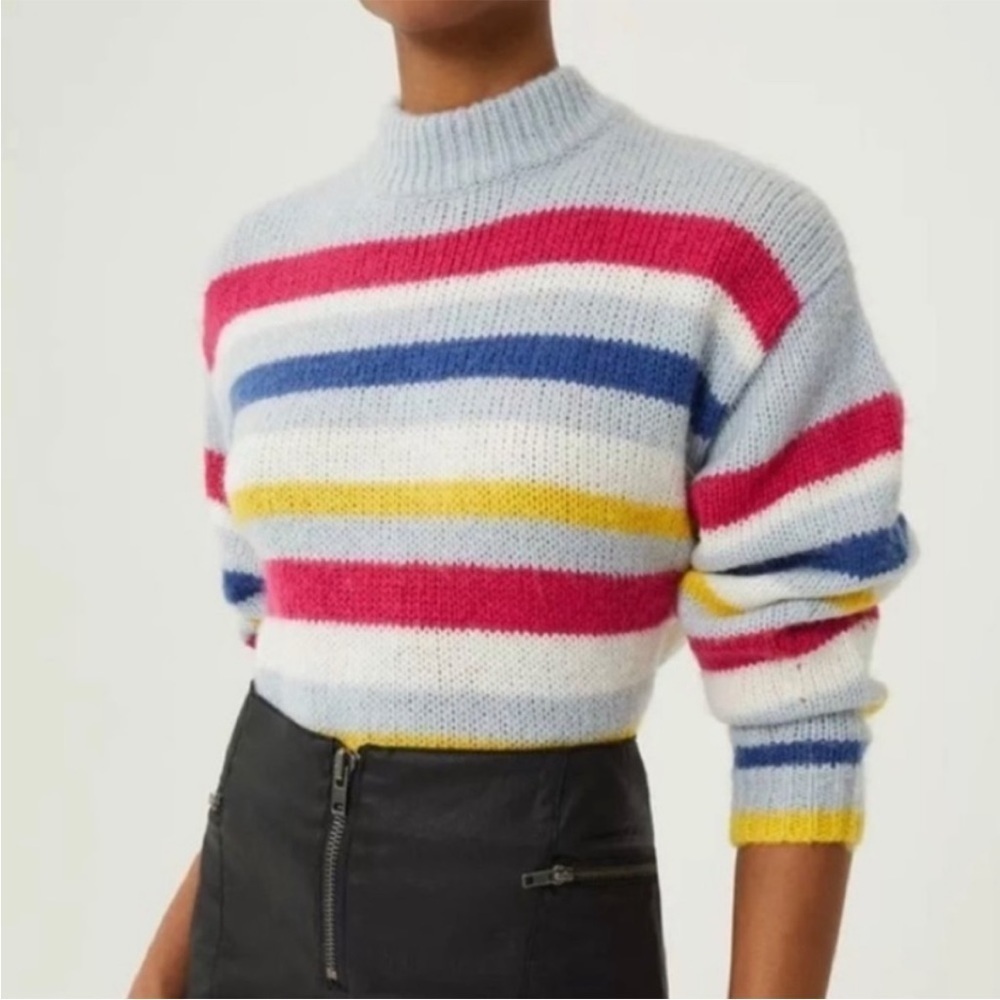 Rebecca Minkoff Brittany pale blue multi stripe mock neck wool blend sweater